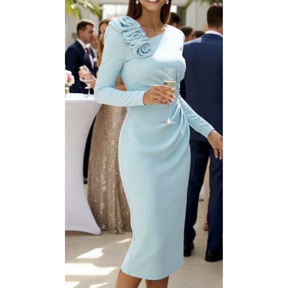NWT Fehaute 3D Floral Ruched Midi Dress US 12 Light Blue Long Sleeve Party